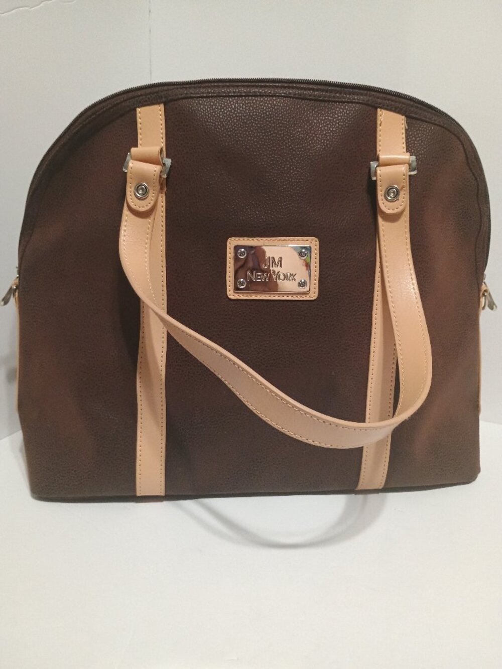 JM New York Brown Pebbled Faux Leather Large Dome Tote Shoulder Bag Beige Trim - Picture 2 of 11